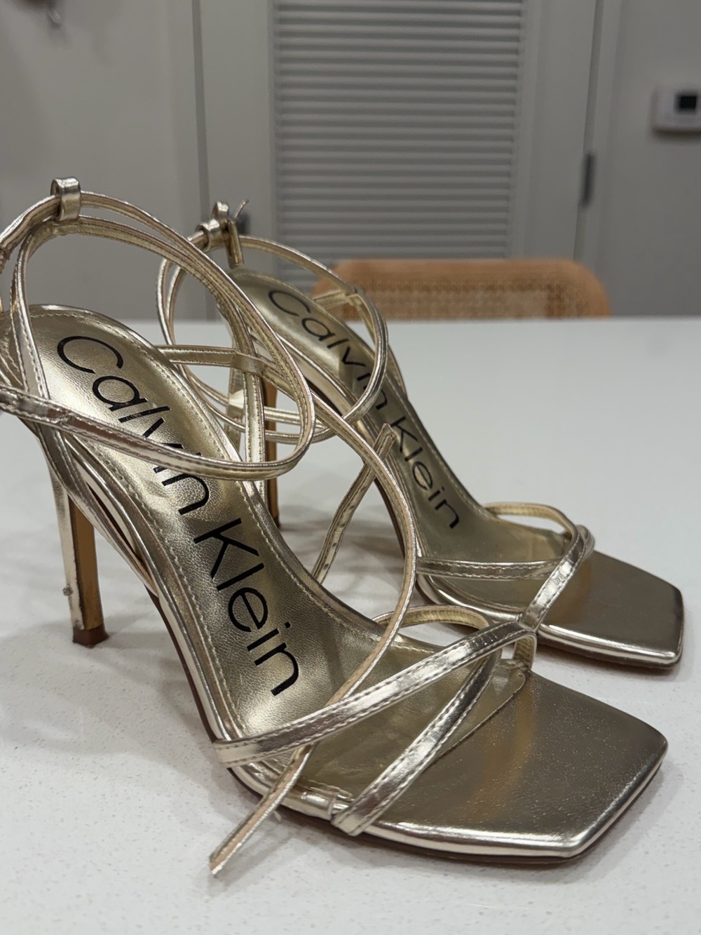 Calvin Klein Gold Strappy Heels – Size 5.5